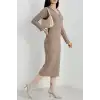 Fermuar detaylı fitilli şardonlu elbise bej a3178