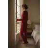 Kadın Bordo Fiyonklu İç Çamaşırı ve Uzun Kollu V Yaka Pijama Takımı 4lü Set