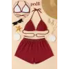 Kadın Bordo Şortlu Belden ve Boyundan Bağlamalı Bikini Takımı – Modern, Konforlu ve Günlük Kombinlere Uygun