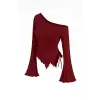 Kadın Bordo Uzun İspanyol Kollu Asimetirik Yaka Yandan Bağlamalı Drapeli Bluz