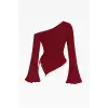 Kadın Bordo Uzun İspanyol Kollu Asimetirik Yaka Yandan Bağlamalı Drapeli Bluz