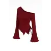 Kadın Bordo Uzun İspanyol Kollu Asimetirik Yaka Yandan Bağlamalı Drapeli Bluz