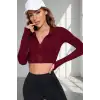 Kadın Bordo Uzun Kol Fermuarlı Parmak Geçme Detaylı Dik Yaka Crop Top Bluz