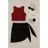 Kadın Bordo Yuvarlak Yaka Crop ve Siyah Pareo 2li Set – Modern ve Şık Tasarım