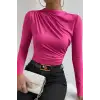 Kadın Fuşya Belden ve Boyundan Büzgü Detaylı Uzun Kollu Bluz