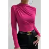 Kadın Fuşya Belden ve Boyundan Büzgü Detaylı Uzun Kollu Bluz