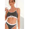 Kadın Gri Antrasit Kaşkorse ve Beyaz Lastikli Cut-Out Tanga Külotlu Takım – Modern, Konforlu