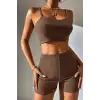 Kadın Kahverengi Şortlu Kaşkorse Gecelik Takım – Modern, Konforlu ve Günlük Kombinlere Uygun
