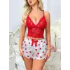 Kadın Kırmızı Kalp Desenli Şort Askılı Dantel Üst Pijama Takımı 2218