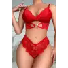 Kadın Kırmızı Kalp Tokalı Çapraz Lastik Detaylı Dantel İç Çamaşır Takımı – Modern, Konforlu