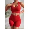 Kadın Kırmızı Yüksek Bel Çapraz Sırt Detaylı Şortlu Gecelik Takım – Modern, Konforlu ve Günlük Kombinlere Uygun