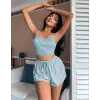 Kadın Mavi Çizgili Desenli Askılı Şortlu Pijama Takım 5001