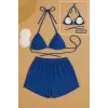 Kadın Mavi Şortlu Belden ve Boyundan Bağlamalı Bikini Takımı – Modern, Konforlu ve Günlük Kombinlere Uygun