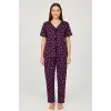 Kadın Mor Kalp Desenli Fiyonklu Kısa Kollu Uzun Pijama Takımı