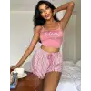 Kadın pembe çizgili desen Askılı Şortlu Pijama Takım 5002