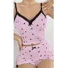 Kadın Pembe Kalp Desenli Askılı Şortlu Pijama Takım 5013