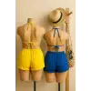 Kadın Sarı ve Mavi Şortlu Belden ve Boyundan Bağlamalı Bikini Takımı – Modern, Konforlu ve Günlük Kombinlere Uygun