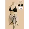 Kadın Siyah Beyaz Pareolu Yandan ve Boyundan Bağlamalı 3lü Bikini Takımı – Modern, Konforlu ve Günlük Kombinlere Uygun