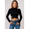 Kadın Siyah Çapraz Bel Detaylı Dik Yaka Uzun Kol Crop Top Bluz – Şık, Rahat ve Kolay Kombinlenebilir
