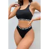 Kadın Siyah Çapraz Sırt ve Love Lastik Detaylı Sütyen Külot Takım