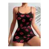 Kadın Siyah Dudak Desenli Şortlu Pijama Takımı 5057