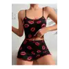 Kadın Siyah Dudak Desenli Şortlu Pijama Takımı 5057