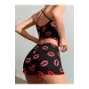 Kadın Siyah Dudak Desenli Şortlu Pijama Takımı 5057