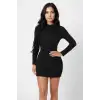 Kadın Siyah Kaşkorse Balıkçı Yaka Uzun Kollu Bodycon Mini Elbise