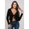 Kadın Siyah Uzun Kollu Önden Bağlama Detaylı Crop Top Bluz – Şık, Rahat ve Kolay Kombinlenebilir