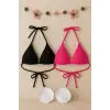 Kadın Siyah ve Fuşya Minimal Kesim Üçgen Bikini Üstü – Modern ve Şık Tasarım