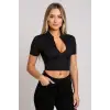 Kadın Siyah Yarım Fermuarlı ve Kısa Kollu Crop Top Bluz