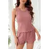 Kadın Tozlu Pembe Kenarları Fırfırlı Şortlu Kaşkorse Gecelik Takımı