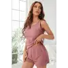 Kadın Tozlu Pembe Kenarları Fırfırlı Şortlu Kaşkorse Gecelik Takımı