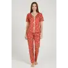 Kadın Turuncu Kalp Desenli Fiyonklu Kısa Kollu Uzun Pijama Takımı