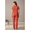 Kadın Turuncu Kalp Desenli Fiyonklu Kısa Kollu Uzun Pijama Takımı
