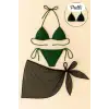 Kadın Yeşil Siyah Pareolu Yandan ve Boyundan Bağlamalı 3lü Bikini Takımı – Modern, Konforlu ve Günlük Kombinlere Uygun