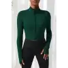 Kadın Yeşil Uzun Kol Fermuarlı Parmak Geçme Detaylı Dik Yaka Crop Top Bluz
