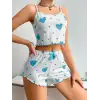 Kadın Beyaz Mavi Kalp Desenli Askılı Şortlu Pijama Takım 5043