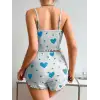 Kadın Beyaz Mavi Kalp Desenli Askılı Şortlu Pijama Takım 5043