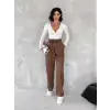 Kendinden ince kemerli deri pantolon kahve t1178