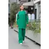 Omuz detaylı kol nakışlı ikili alt üst triko takım yeşil