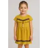 Önü püsküllü boncuk detaylı kız çocuk elbisesi hardal