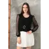 Tokalı tül kollu bluz siyah t4071