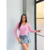 V yaka çizgili bluz pembe A3699