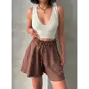 Volanlı keten şort kahve s255058