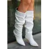 Zelya Beyaz Cilt Topuklu Çizme