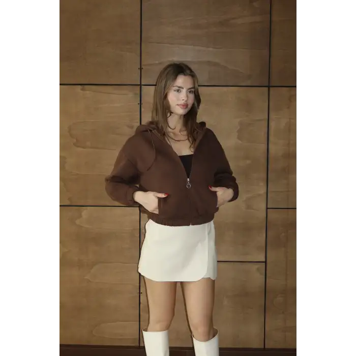 3 iplik şardonlu Kapşonlu fermuarlı kısa üst kahve pat8590