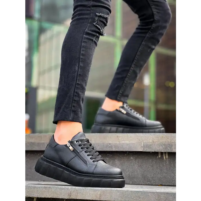 KB-X155 Kuback Siyah Cilt Detaylı Siyah Yüksek Taban Günlük Spor Ayakkabı