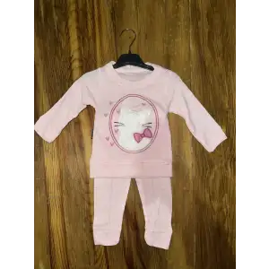 3-12 aylık kedi desen işlemeli takım pembe
