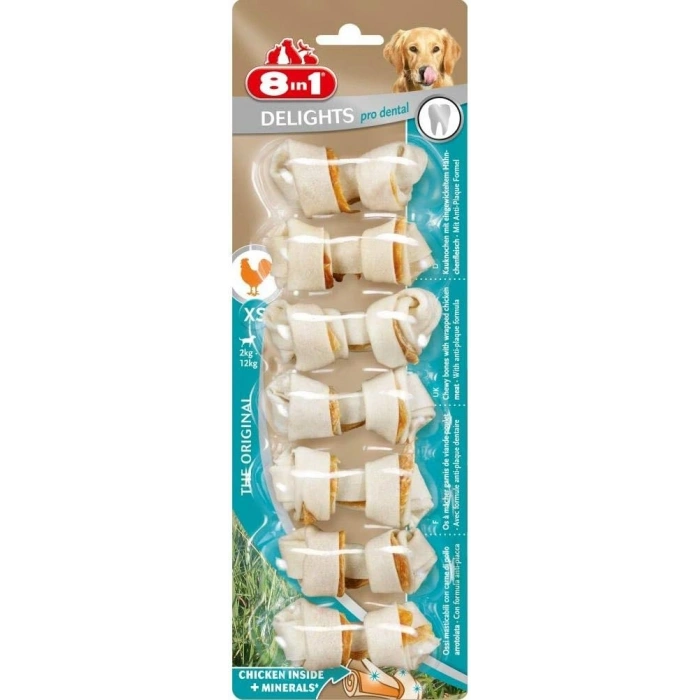 8in1 Delights Pro Dental Diş Sağlığı için Tavuk Etli Düğümlü Köpek Kemiği (7li) 84gr [XS]